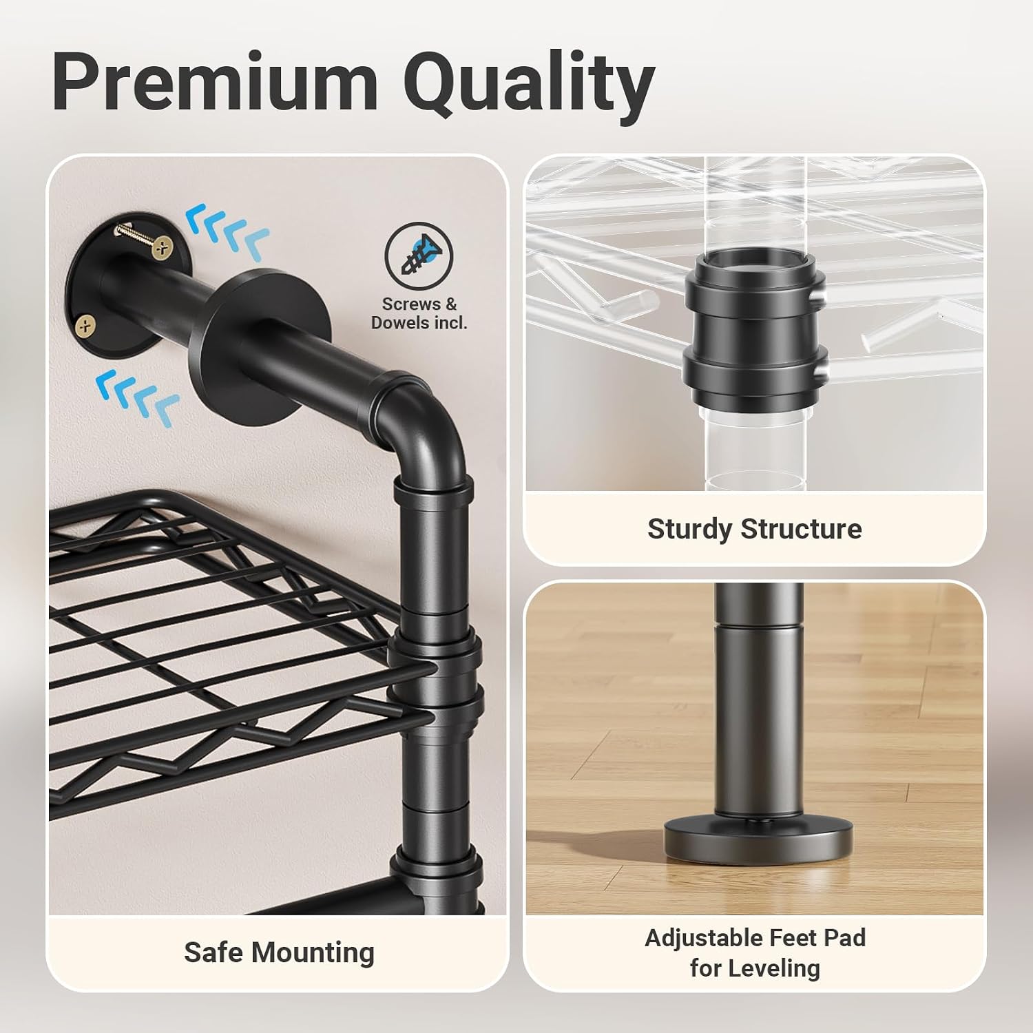 Timate F3 Garment Rack Heavy Duty Clothes Rack for Hanging Clothes, Expandable Industrial Pipe Wall Mounted Clothing Racks, Adjustable Storage Wardrobe Closet Kit Walk in Closet Systems, Black