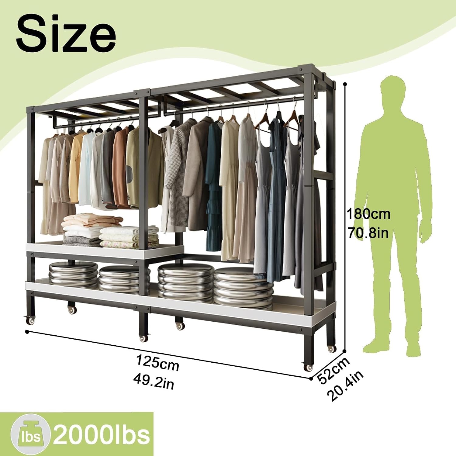 Portable Closet, Wardrobe Clothes Organizer, Heavy Duty Foldable Wardrobe Load 2000lbs, Freestanding Metal Clothing Rack, Rolling Garment Rack With Wheel, Covered Clothes Armoires Bedroom(125*52*180cm