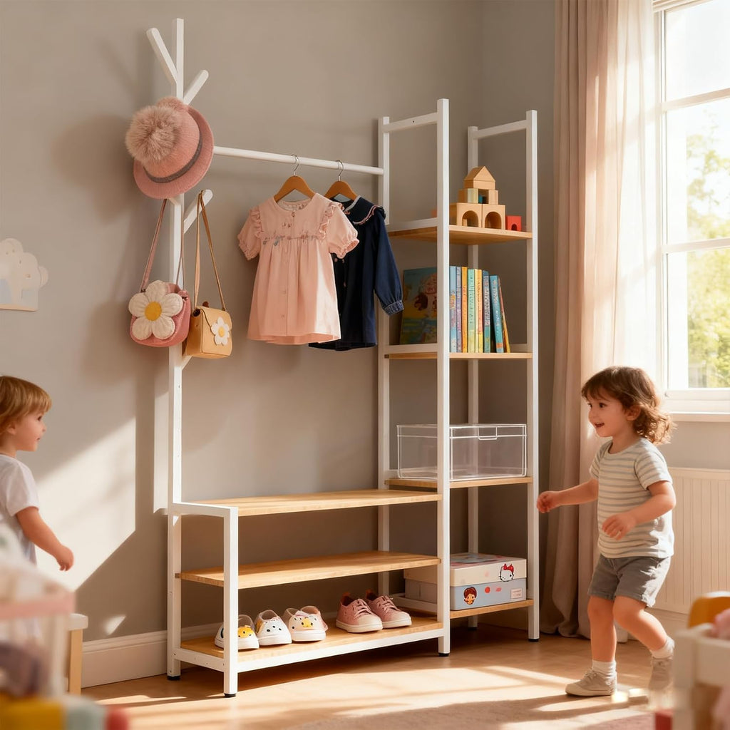 4 in 1 Freestanding Closet Organizer with Coat Rack & Shoes Rack & 5 Side Shelves, Heavy Duty Wood Clothing Rack for Hanging Clothes, Multi-functional Wardrobe Closet for Bedroom, Living Room (White)