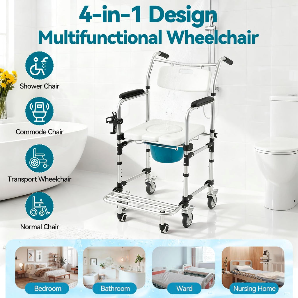Upgraded 4-in-1 Bedside Commode Chair with Handles, 3-Level Height Adjustable Shower Wheelchair for Elderly, Anti-Tipping Rollout Footrest Transport Toilet Chair, Padded Seat, White