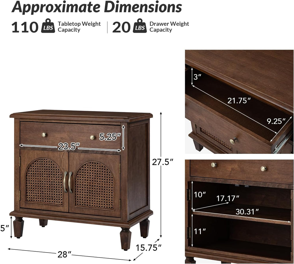HULALA HOME End Table with Doors and Drawer, Traditional Side Table with Solid Wood Legs, Adjustable Shelf, Charging Station, Walnut