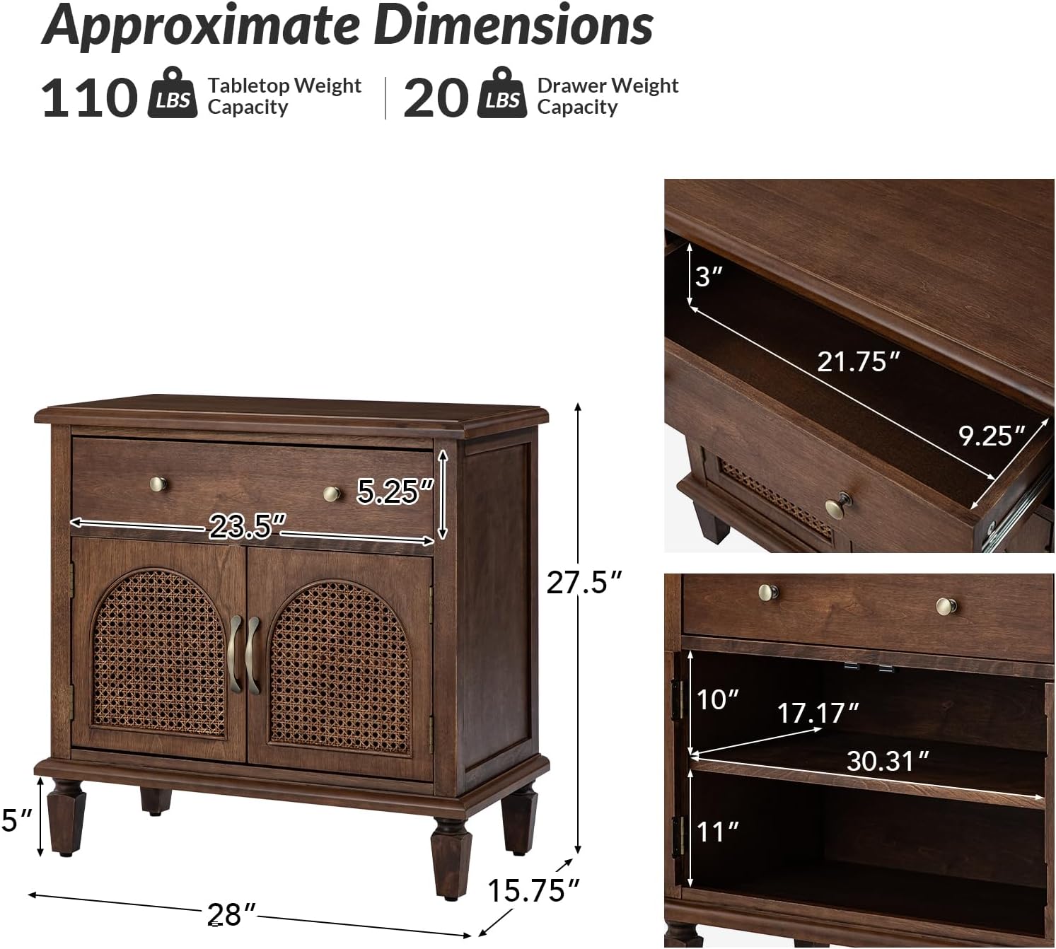 HULALA HOME End Table with Doors and Drawer, Traditional Side Table with Solid Wood Legs, Adjustable Shelf, Charging Station, Walnut