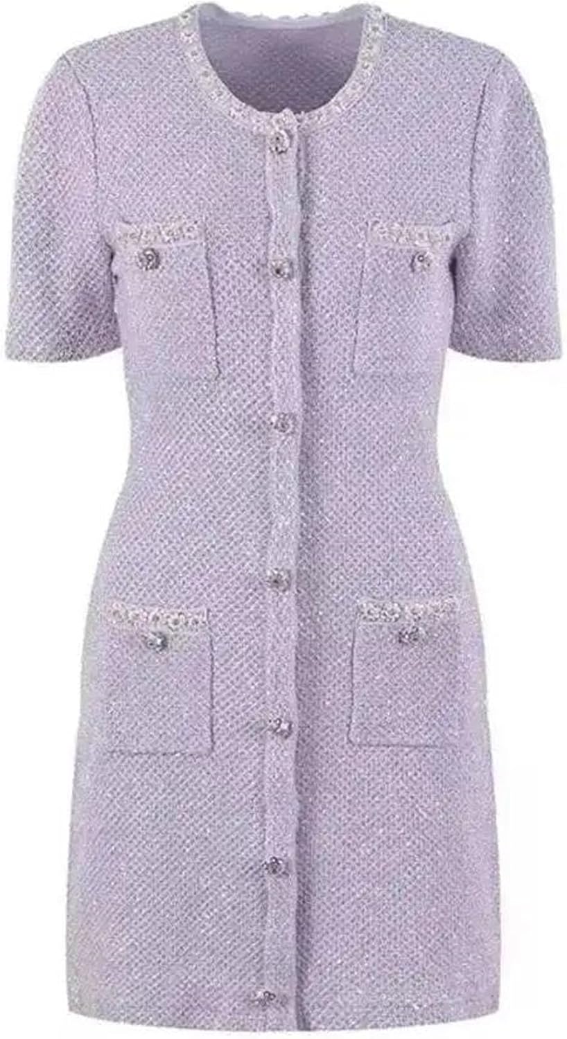Pegsmio Women's Crystal Knitted Dresses Summer Holiday Single Breasted Pearl Sequins Flower Pencil Evening Party Dress