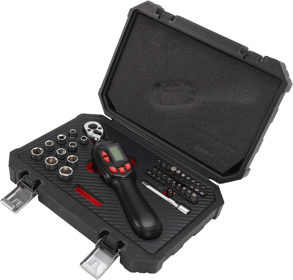 Digital Torque Wrench, 1/4 Inch Drive 1.5 30Nm with Buzzer and LED Flash, Multiple Torque Units Nm lbf.ft lbf.in kgf.cm kgf.m, for Automotive Motorcycle DIY Home Repair (32 Piece Set)