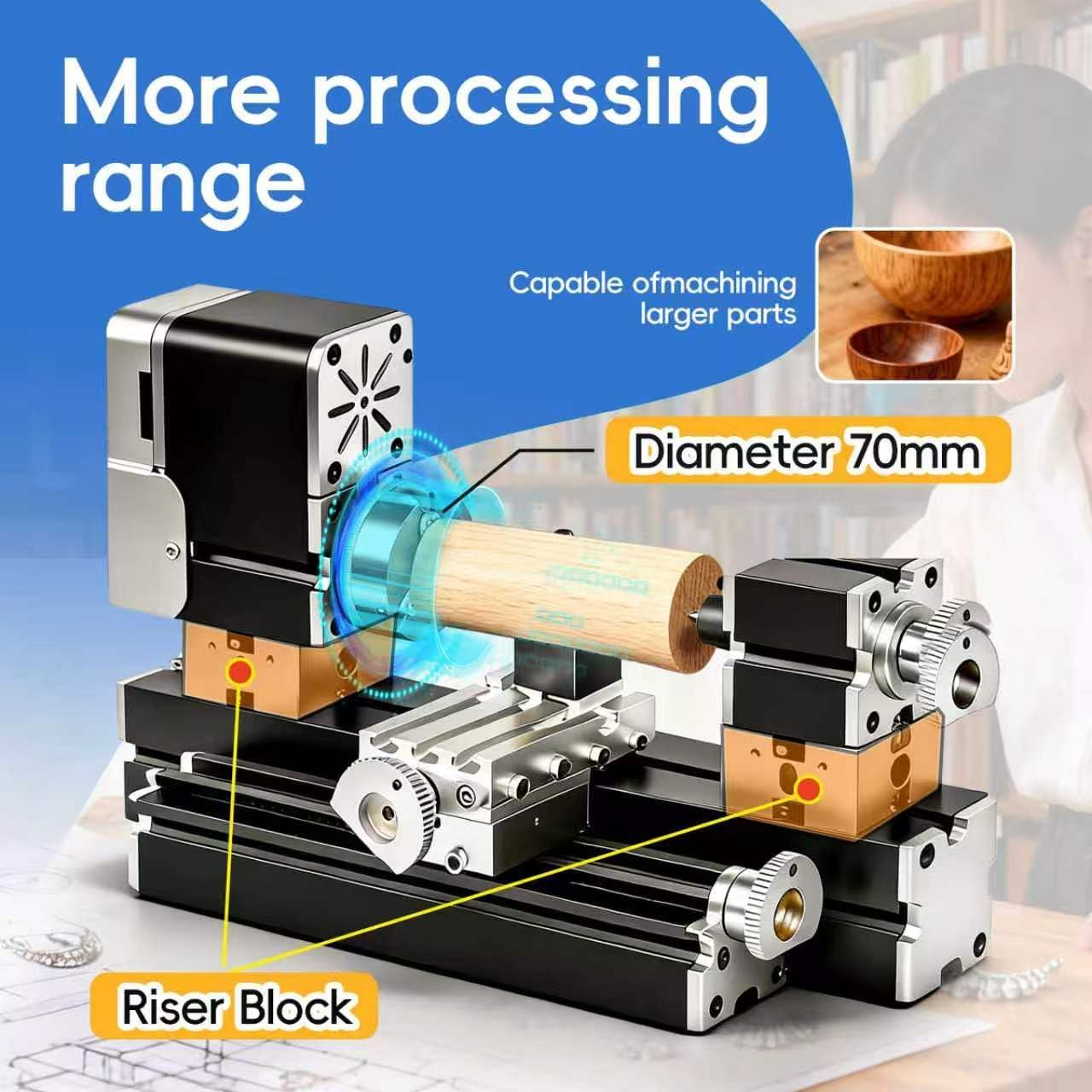 ZHRUI Electroplated all Metal Mini Miniature Didactical Metal Lathe 50mm Center 36W 20000RPM for Processing Aluminum,Wood, Plastic Materials (Heighten Style)