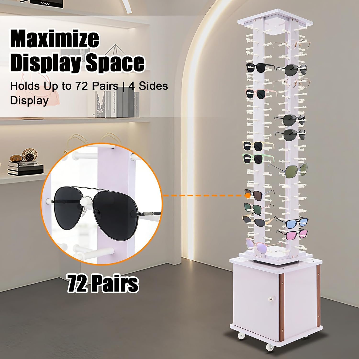 Sunglasses Display Stand, 72 Pairs Wooden 360° Rotating Sunglass Eyeglass Holder Organizer, Glasses Hanger Storage Rack for Retail Commercial Display, L14.2*H66.1in, White