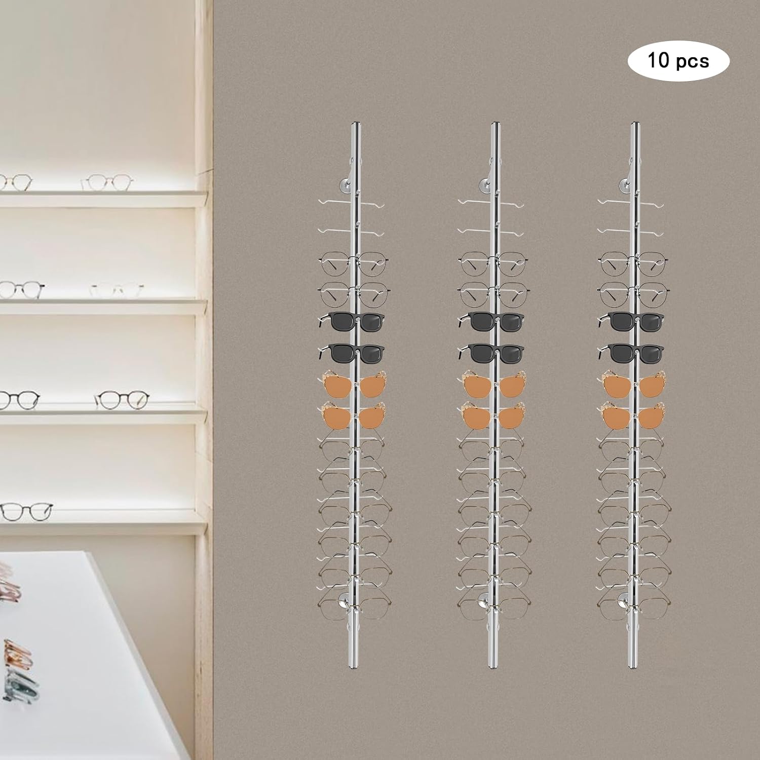 10pcs Wall Mounted Eye Glasses Display Rack 48' Aluminum Alloy Sunglasses Holder Organizer Retail Eyeglass Hanging Rack Holds up to 140 Pairs Eyewear Storage Holder for Stores Boutique