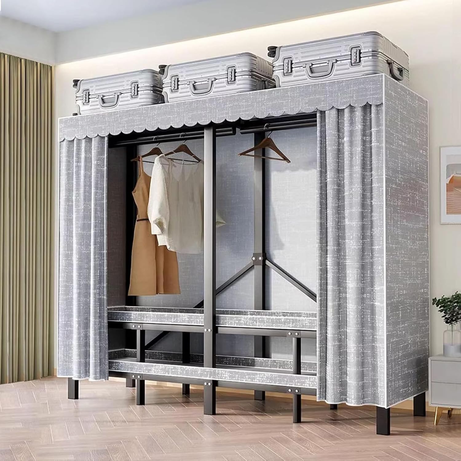 Foldable Clothe Rack, Heavy-Duty Portable Wardrobe for Bedroom Armoires Freestanding Clothing Coat Storage Rack Rolling Garment Rack with Wheel W/Cover Load 2000lbs(125 * 52 * 170cm)