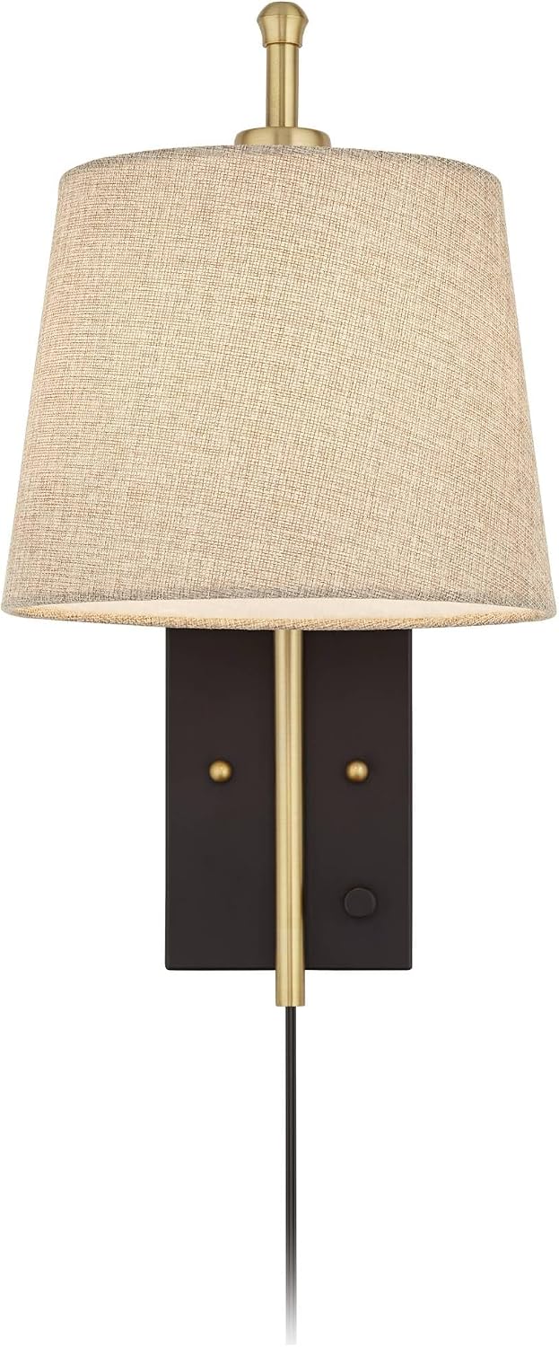 360 Lighting Chester Modern Swing Arm Wall Lamps Set of 2 Brass Black Metal Plug-in Light Fixture Tan Fabric Drum Shade for Bedroom Bedside House Reading Living Room Home Hallway Dining