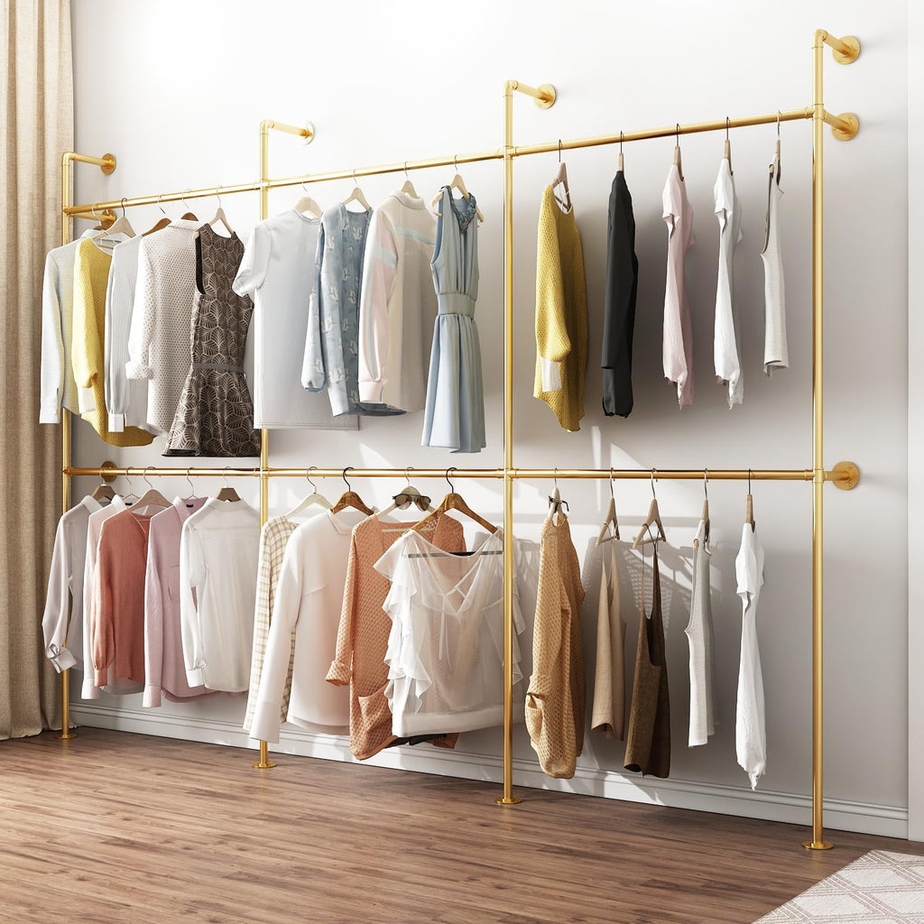 Industrial Pipe Clothing Rack, Heavy Duty Metal Clothes Rack with Double Rods for Hanging Clothes, Wall Mount Space-Saving Garment Display Rack (Three, Gold)