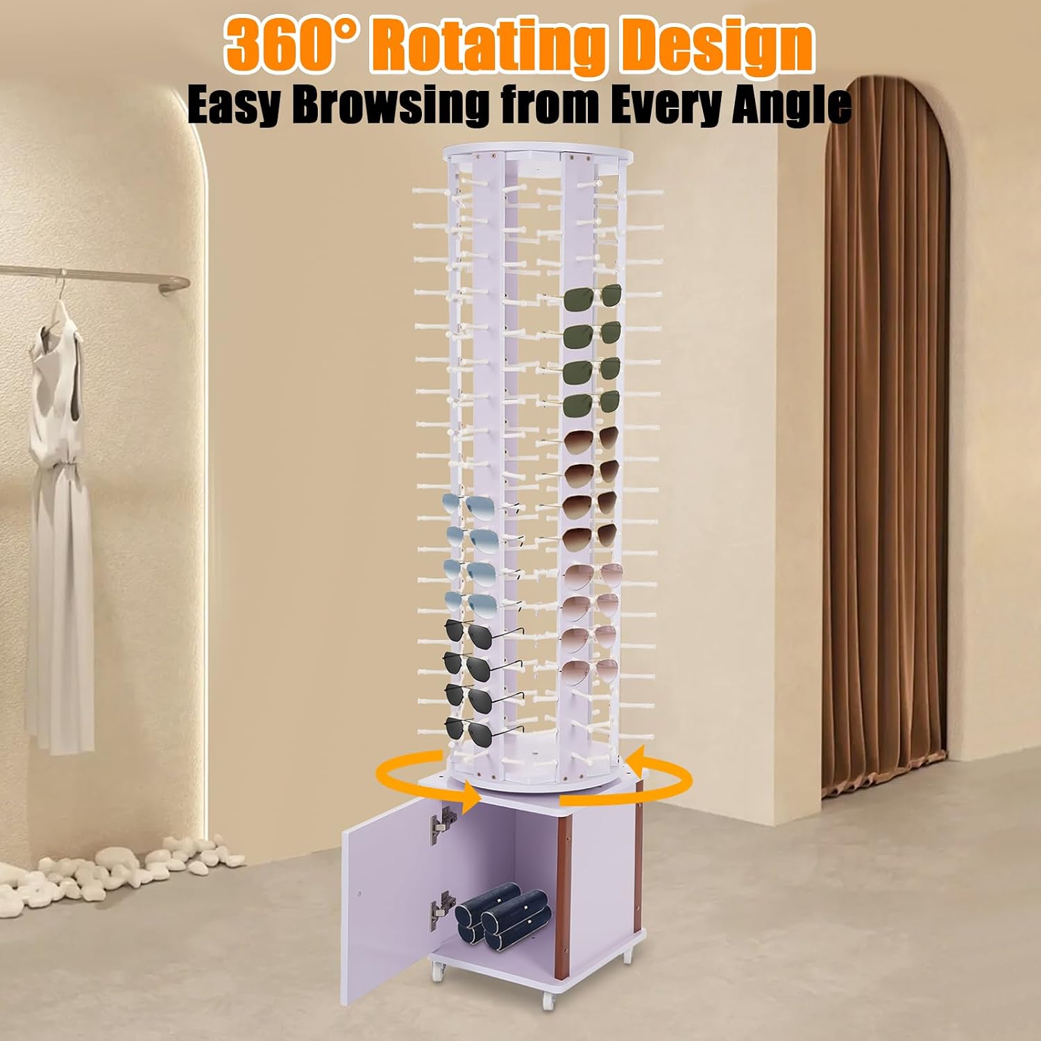 Sunglasses Display Stand, 108 Pairs Wooden 360° Rotating Sunglass Eyeglass Holder Organizer, Glasses Hanger Storage Rack for Retail Commercial Display, L14.2*H66.1in, White