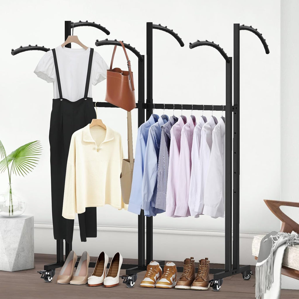 Floor Standing Metal Garment Rack, 6 Arms Clothing Display Rack with Wheels, Heavy Duty 48'' to 67'' Adjustable Height Rolling Retail Clothes Shirt for Hanging Clothes, Black