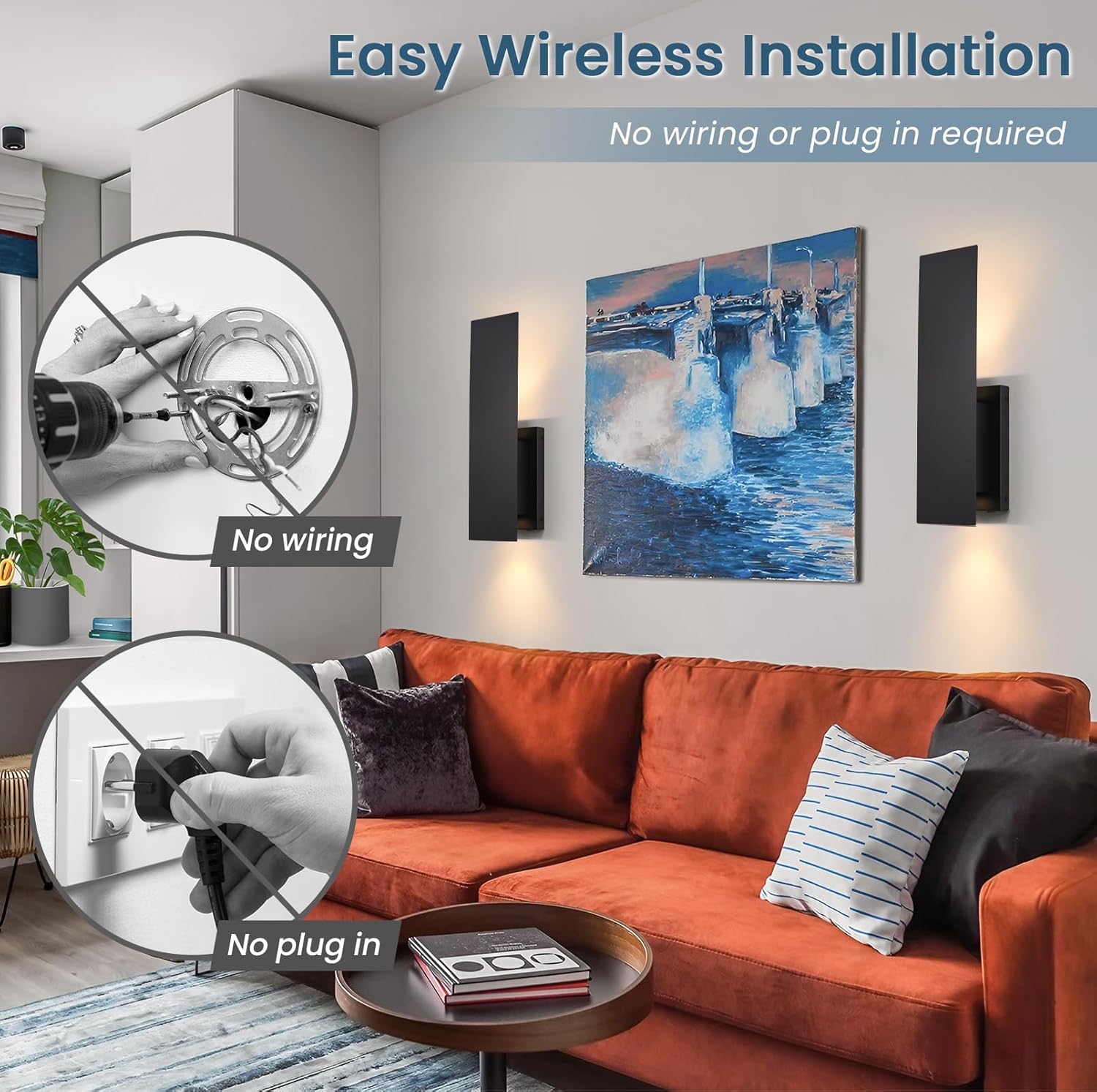 Black Wireless Wall Sconces Set of Two,3000K-6000K Dimmable Battery Operated Wall Sconces with Remote,USB Rechargeable LED Wall Lights for Living Room Bedroom Hallway