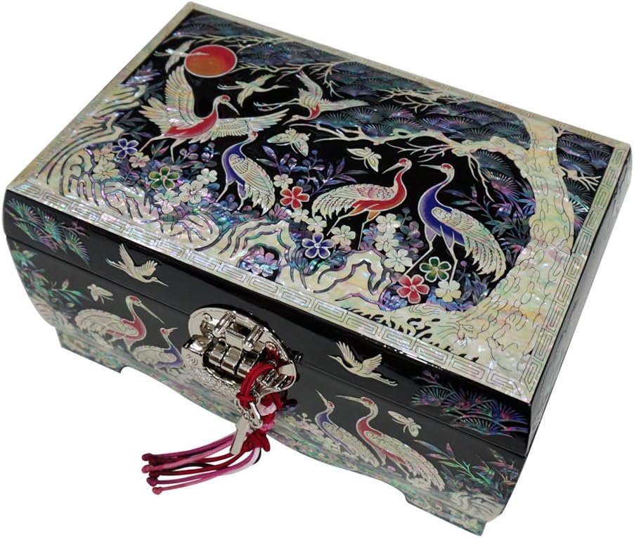 Mother of Pearl Birds Pine Tree Black Lacquer Wood Lock Jewelry Trinket Keepsake Treasure Box Case Chest