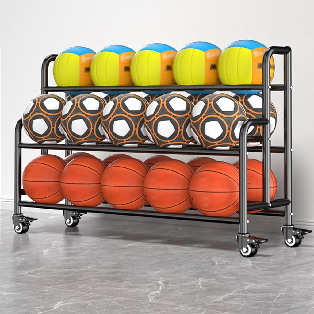 Home Gym Organizer Rack Black Basketball Rack Cart, Lockable Rolling Balls Holder for Gym/Family/Garage/School/Club Display, Freestanding Volleyball Football Organizer Holder