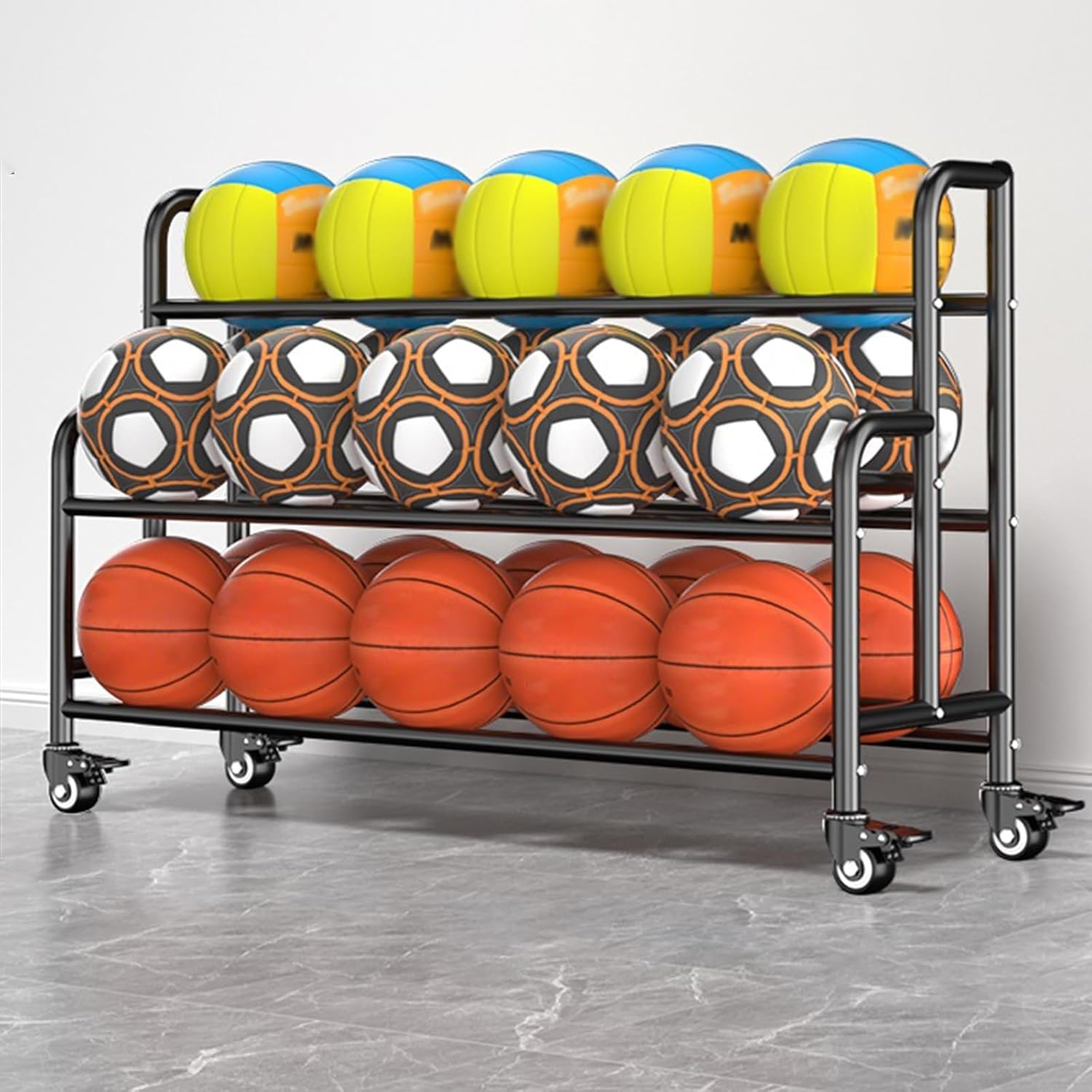 Home Gym Organizer Rack Black Basketball Rack Cart, Lockable Rolling Balls Holder for Gym/Family/Garage/School/Club Display, Freestanding Volleyball Football Organizer Holder