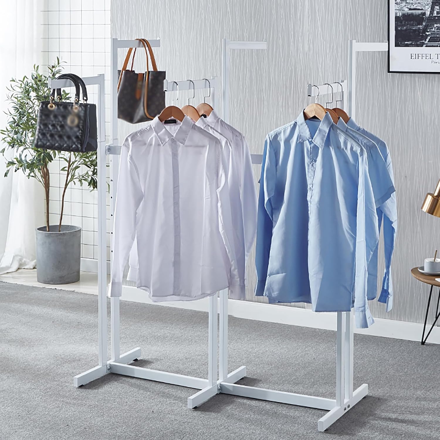 Floor Standing Metal Garment Rack - Heavy Retail Display Racks With Wheels, 6 Arms Clothing Rack, Square Tubing Portable Shirt Racks, Merchandise Display For Hanging Clothes (White)