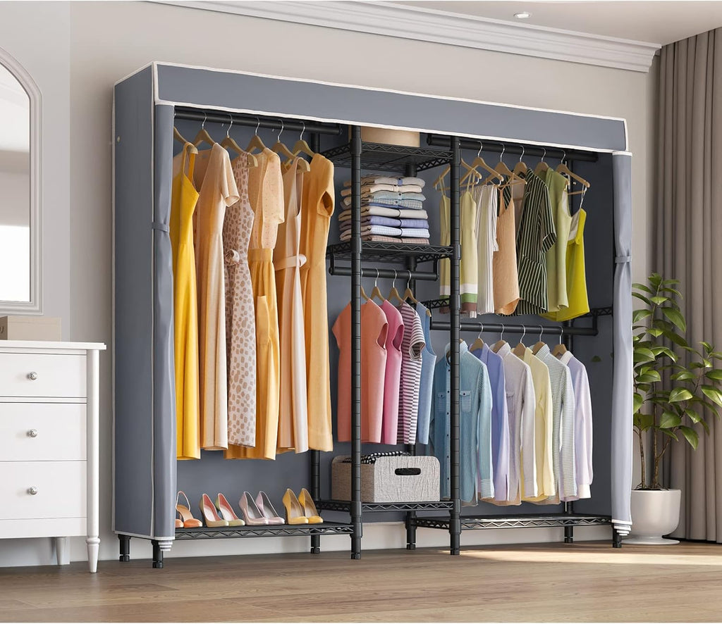 VIPEK Classic V6C Heavy Duty Covered Clothes Rack Portable Wardrobe Closet, 5 Tiers Wire Garment Rack Black Metal Clothing Rack with Grey Oxford Cover, 70.1' L x 17.3' W x 76.4' H, Max Load 870 LBS