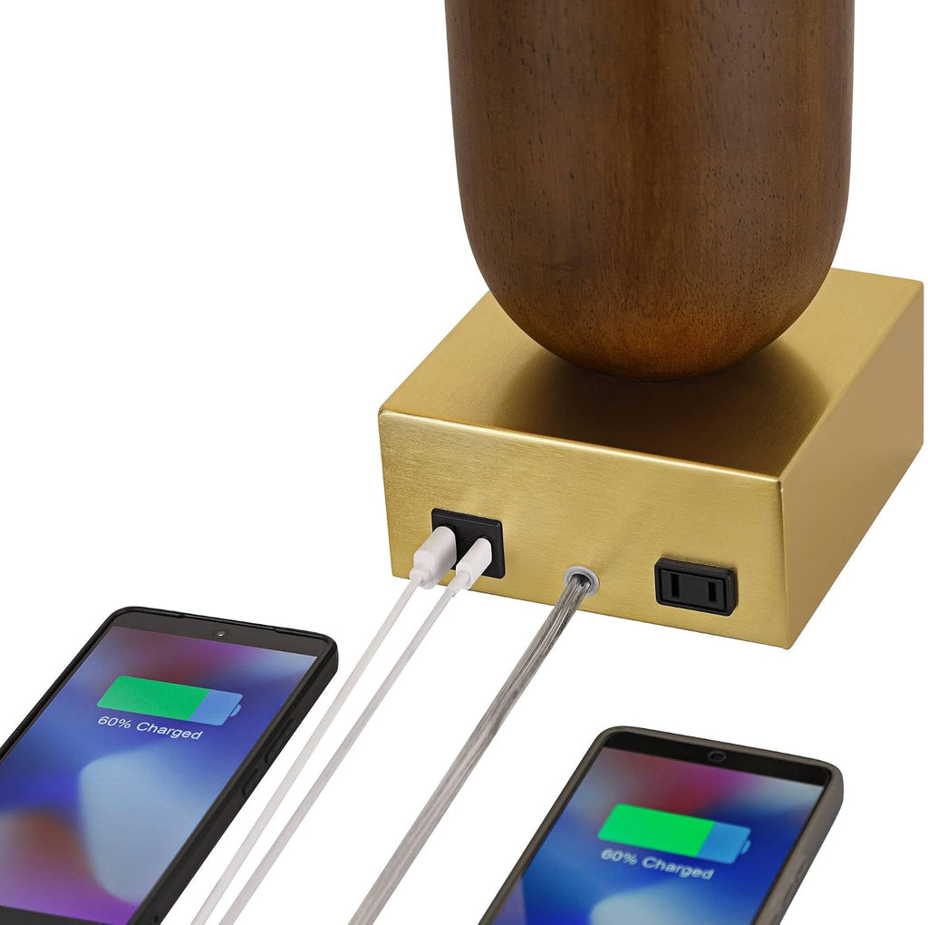 Possini Euro Design Madera Modern Desk Lamps 27 3/4' Tall Set of 2 with USB Port Brass Wood for Home Office Living Room Bedroom House Bedside Nightstand Reading Console Entryway Kitchen Dining
