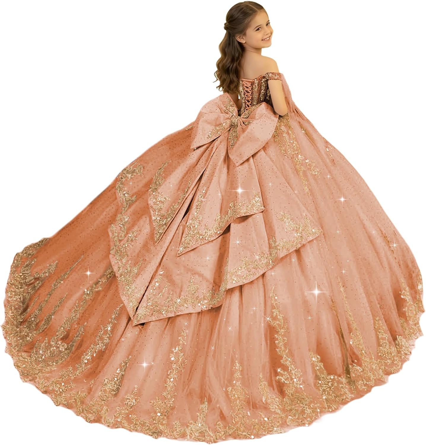 Sequin Applique Flower Girl Dress Gold Lace Pageant Dresses for Girls with Bow Off Shoulder First Communion Dress