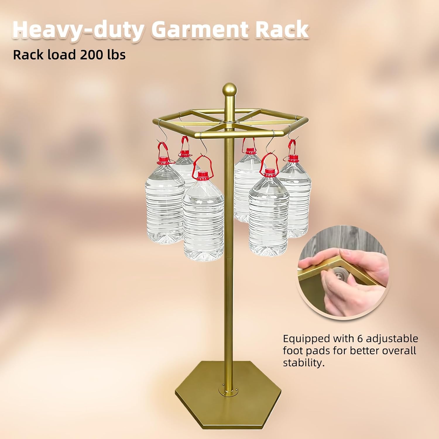 23-Inch Heavy-Duty Metal Rotating Clothes Rack, 42' x 42' Footprint, Rack Load 200lbs,Gold Round Clothing Rack with Adjustable Base Pads, Base Supports M8 Caster Wheels, For Home & Retail