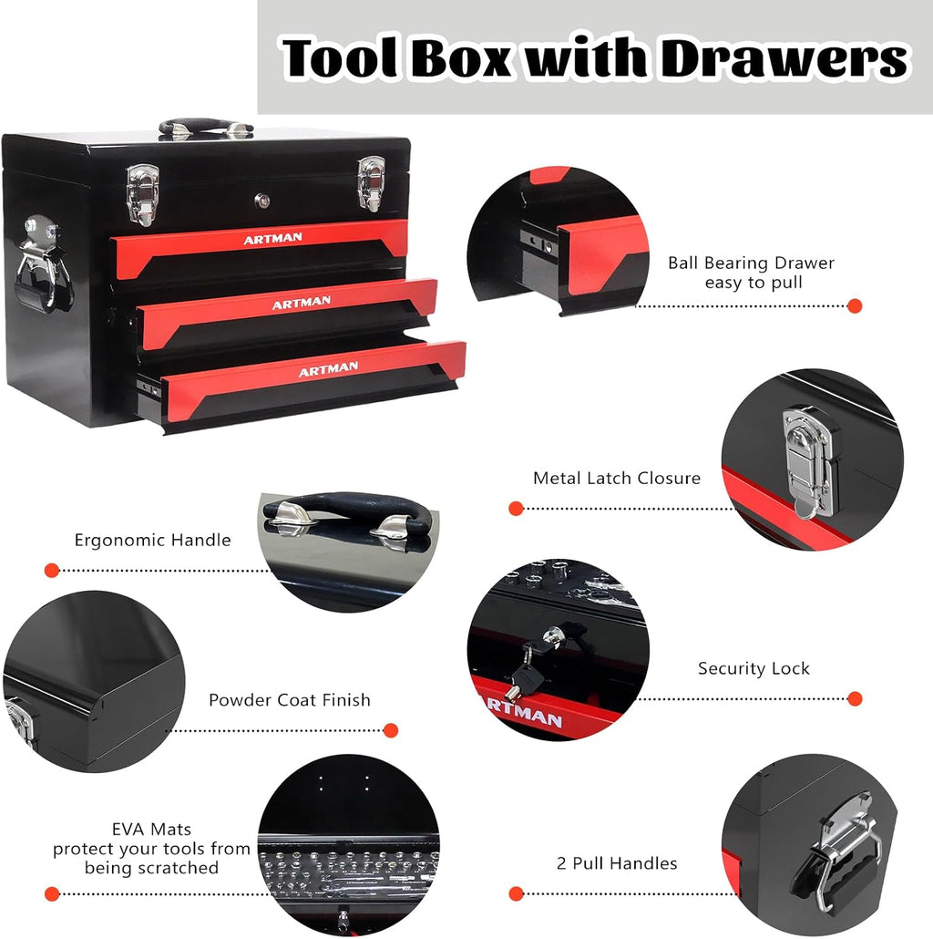 3 Drawer Tool Chest 439-Piece Mechanics Tool Set with Lock, Portable Household Tool Kit Heavy Duty Metal Tool Box for Garage, Warehouse,Workshop and Auto Repair (Red)