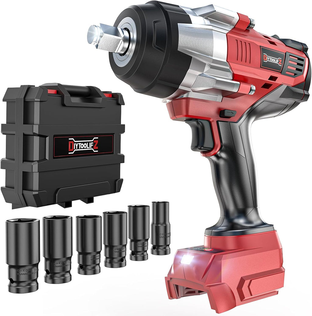 DIYtoolifz Cordless Impact Wrench 1/2 inch Compatible with Milwaukee 18v Battery, 1700 Ft-lbs High Torque Impact Driver with 6Pcs Sockets & Storage Case, Electric Impact Gun with 4-Speed & LED Light