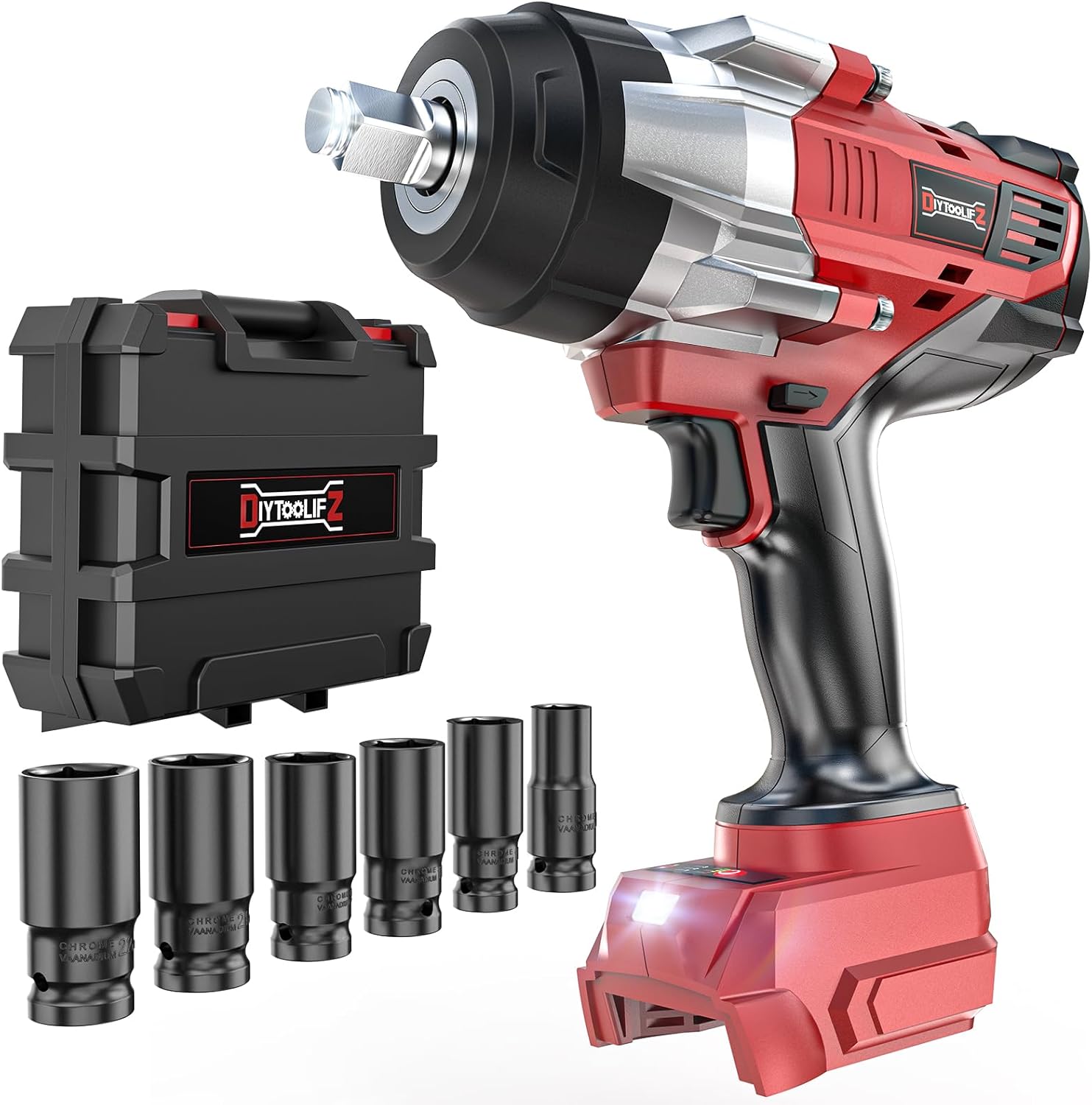 DIYtoolifz Cordless Impact Wrench 1/2 inch Compatible with Milwaukee 18v Battery, 1700 Ft-lbs High Torque Impact Driver with 6Pcs Sockets & Storage Case, Electric Impact Gun with 4-Speed & LED Light