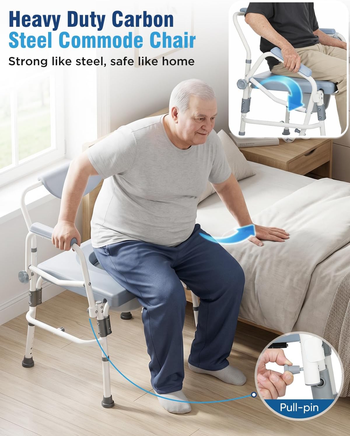4-in-1 Bariatric Bedside Commode, 1000lbs Heavy-Duty Shower Chair, Drop Armrests, Robust Carbon Steel, 5 Adjustable Height Portable Toilet, Extra-Wide Seat, Raised Toilet Seat for Seniors