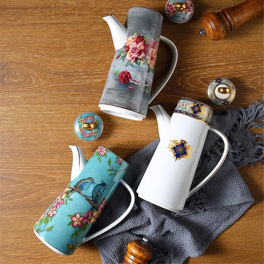 Beverage Serveware Ceramic Teapot With Lid Water Pitcher Kitchen Butter Bottle Flower & Bird Finished Wedding Gifts Party Presents 650ML Water Carafe(Gris)