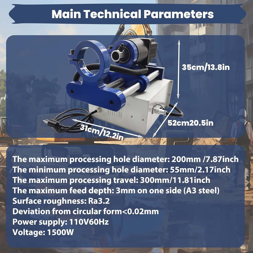 Portable Line Boring Hole Drilling Machine with End Face Repair, 2.16-7.87 Inch Bore Diameter, 5.24ft Bar Rod Control Handle for Excavator Loader Engineering Machinery, 110V, 1500W