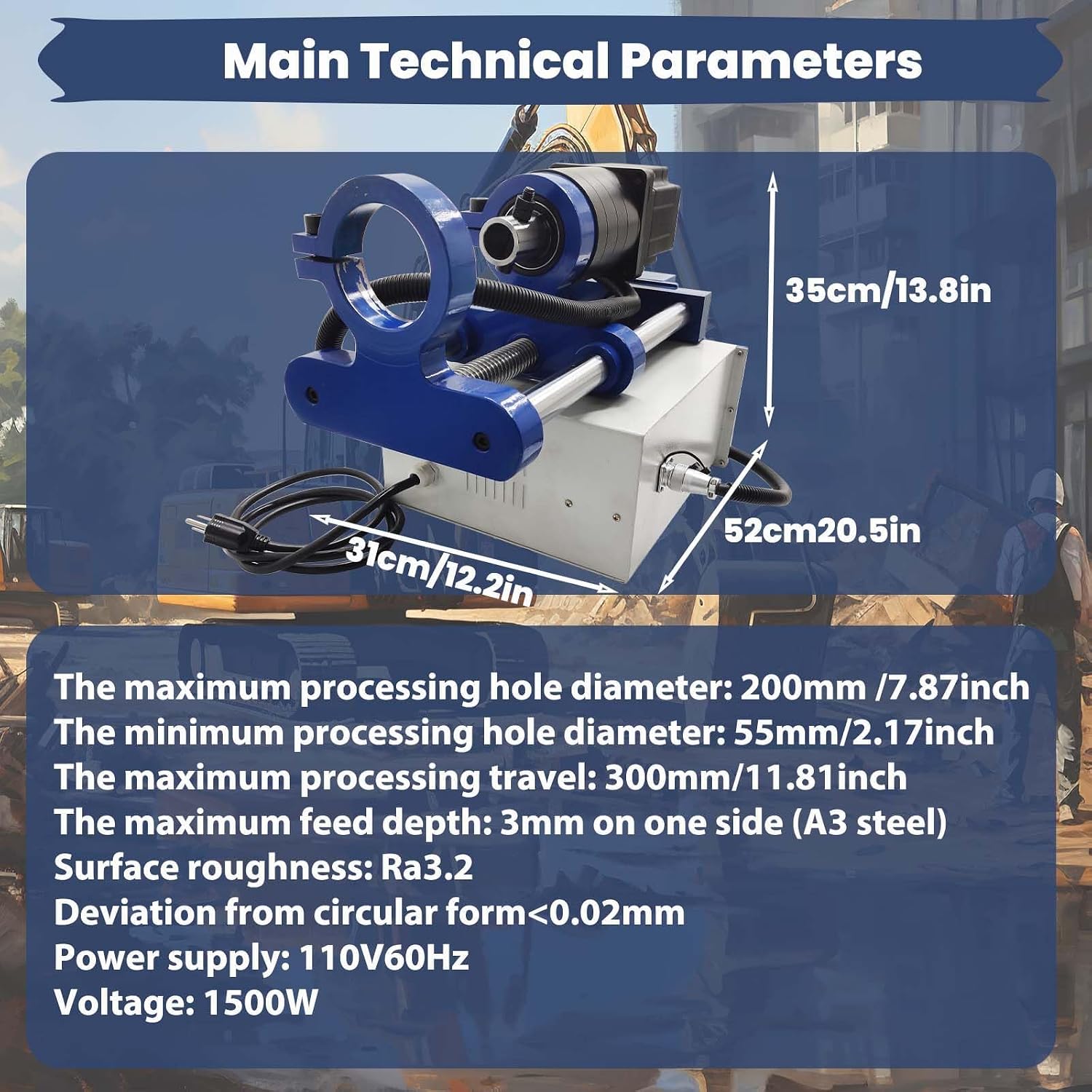 Portable Line Boring Hole Drilling Machine with End Face Repair, 2.16-7.87 Inch Bore Diameter, 5.24ft Bar Rod Control Handle for Excavator Loader Engineering Machinery, 110V, 1500W