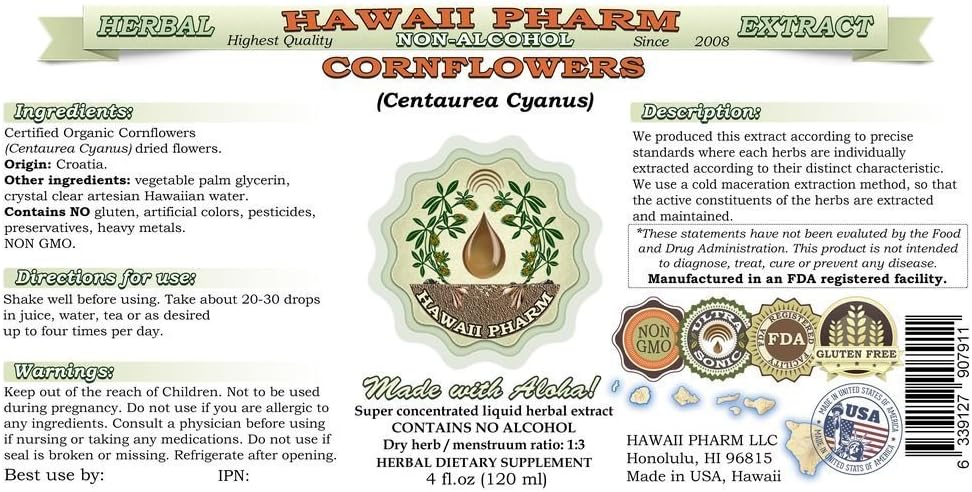 Hawaii Pharm Cornflower Alcohol-Free Liquid Extract, Cornflower (Centaurea Cyanus) Dried Flower Glycerite Natural Herbal Supplement 4x4 oz