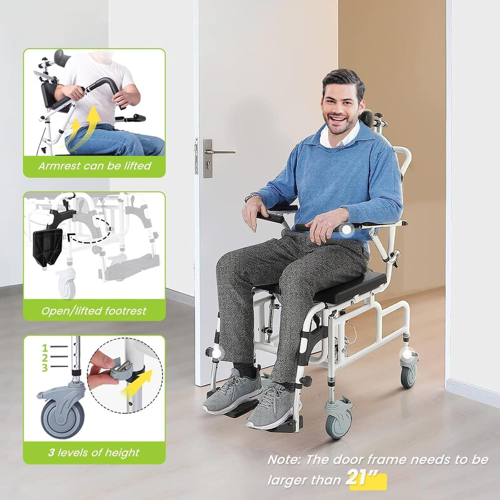 Shower Chair with Soft Seat Cushion, Reclining Shower Chair, Transport Chair Medical Shower Chair, Toilet Chair 300lbs Weight Capacity