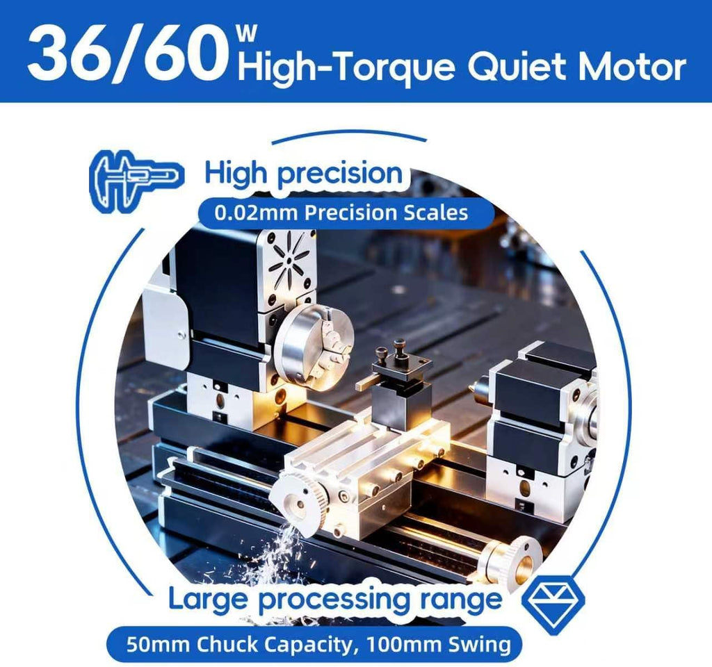 ZHRUI Electroplated all Metal Mini Miniature Didactical Metal Lathe 50mm Center 36W 20000RPM for Processing Aluminum,Wood, Plastic Materials (Heighten Style)