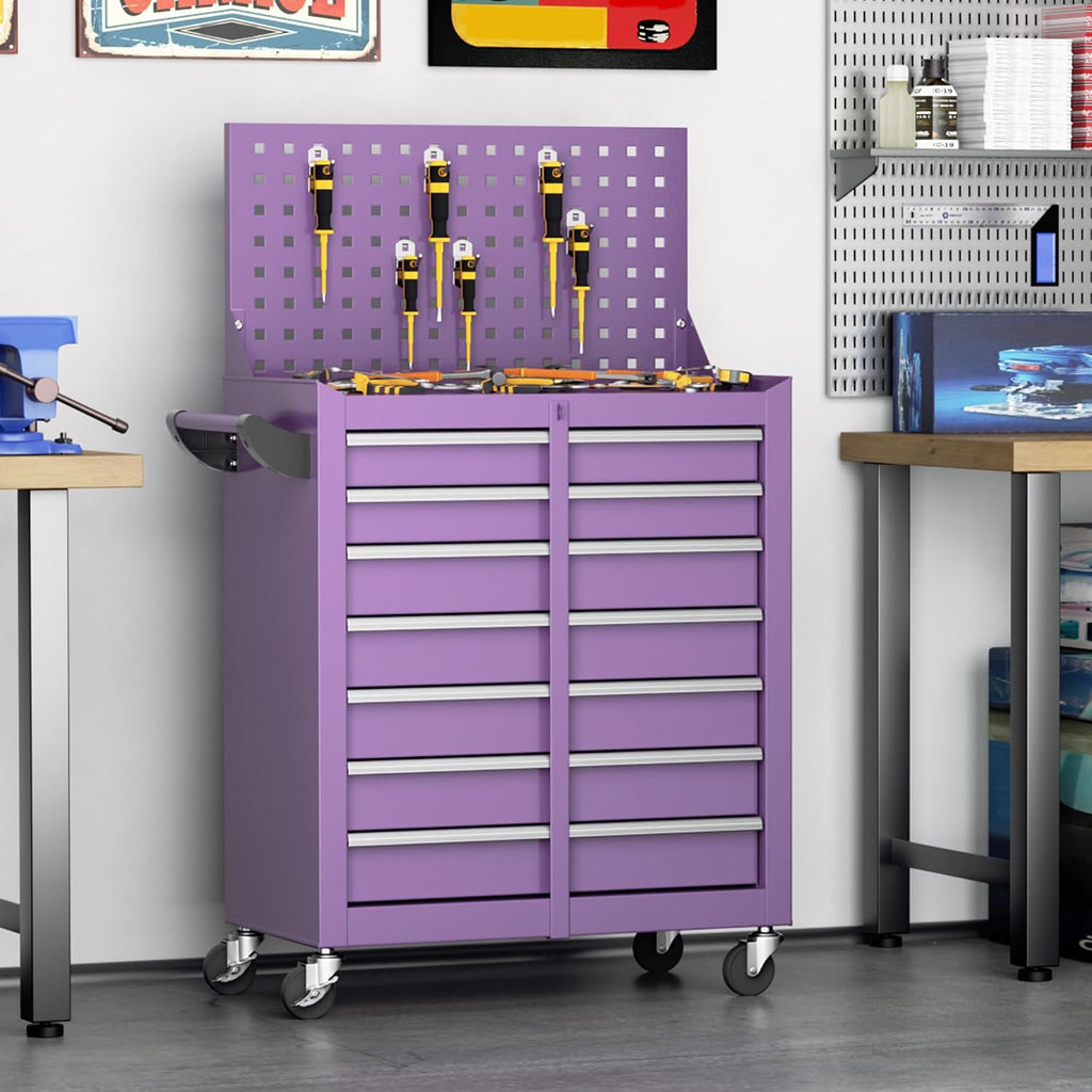 Superday Rolling Tool Chest, 7 Drawer Portable Tool Chest with Wheels, Tool Storage Cabinet with Lock for Garage, Steel Tool Cart with Pegboard & Hooks for Workshop, Warehouse (Purple)