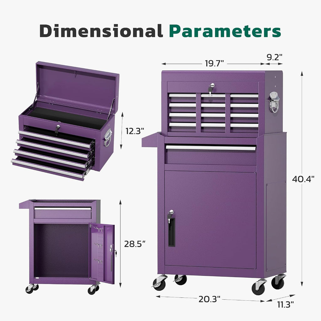 Greenvelly Tool Chest, 5-Drawer Rolling Tool Chest with Hooks and Lockable Wheels,Metal Storage Detachable Top Tool Box with Lockable Wheels for Garage,Workshop,Art Studio(Purple)