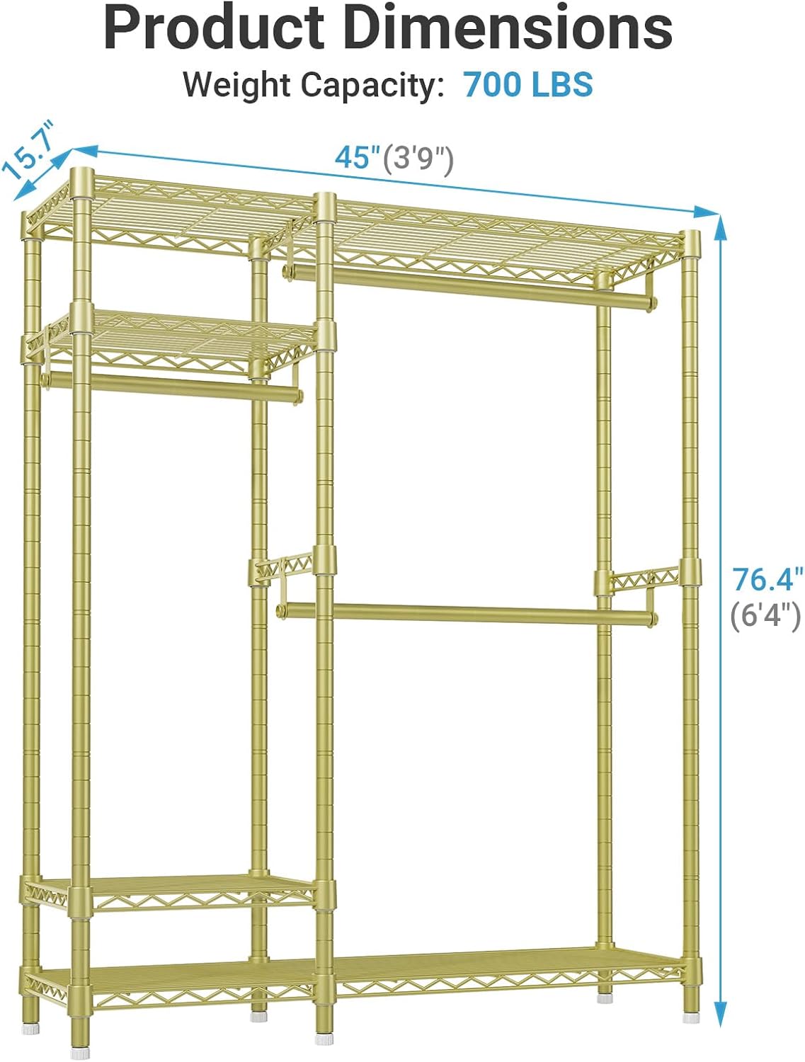 VIPEK V2 Heavy Duty Clothes Rack 4 Tiers Wire Shelving Garment Racks with 3 Hanging Rods Compact Freestanding Closet Metal Closet Rack, Max Load 700LBS, Gold