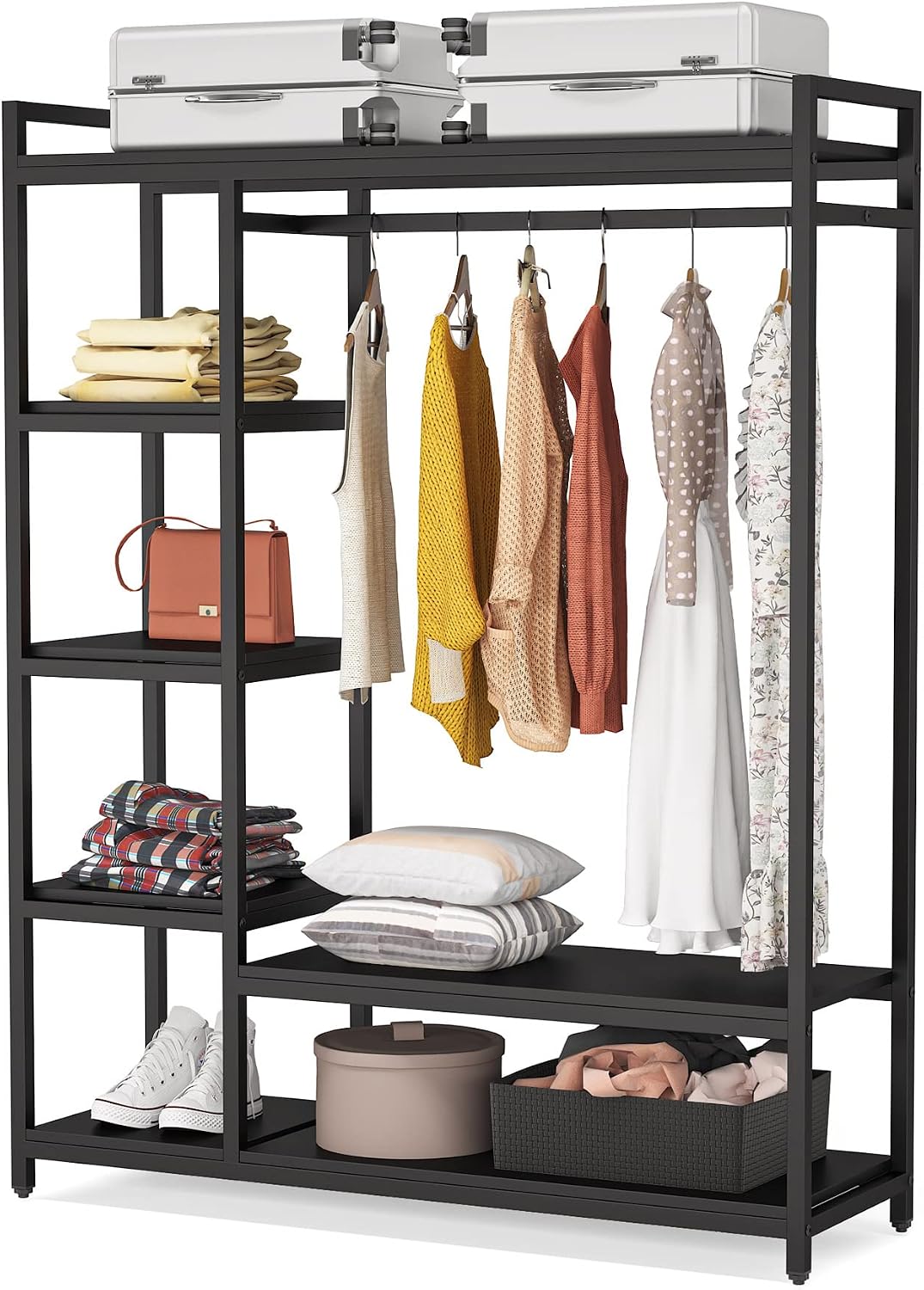 LITTLE TREE Free Standing Wood Closet Clothes Rack,Heavy Duty Grament Rack with Shelves,Hanging Racks for Clothes Clothing Rack for Bedrom,Wardrobe Closet Organizer,350 lb Capacity,Black
