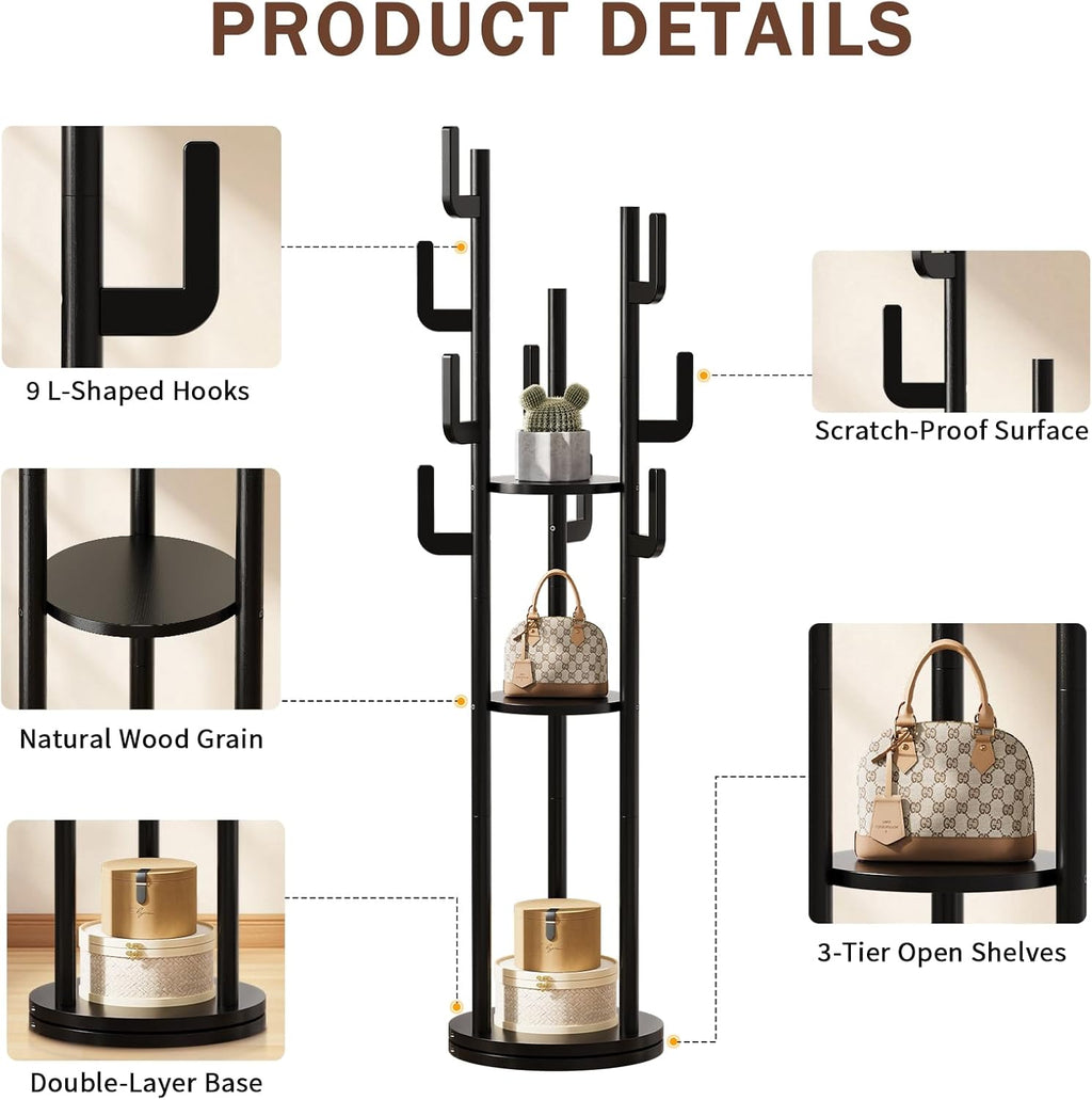 Yoobure Rotary Coat Rack Freestanding - Solid Wood Coat Tree with 9 hooks & 3 Storage Shelves for Purse, Bag, Jacket, Hat, Corner Hanger Stand Racks for Hall, Entryway, Office, Clothes Holder, Black