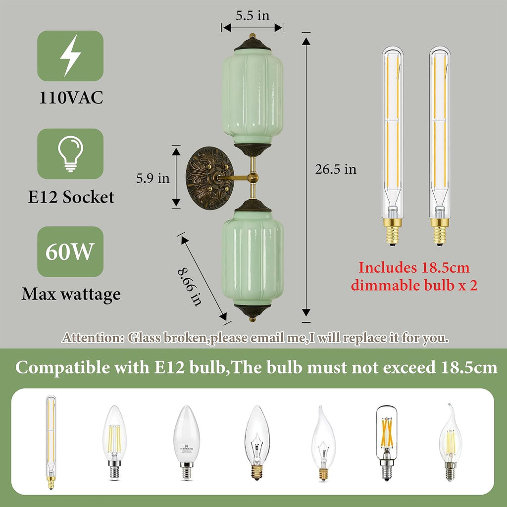 Vintage Milk Glass Bathroom Vanity Light - 25' Green Dimmable Wall Sconce with Bulb - Mid Century Vertical or Horizontal Mounted Sconces - Modern Brass Gold Lighting Fixture for Indoor Bedroom Hallway