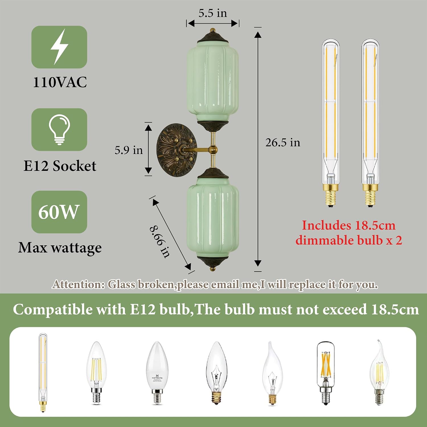 Vintage Milk Glass Bathroom Vanity Light - 25' Green Dimmable Wall Sconce with Bulb - Mid Century Vertical or Horizontal Mounted Sconces - Modern Brass Gold Lighting Fixture for Indoor Bedroom Hallway