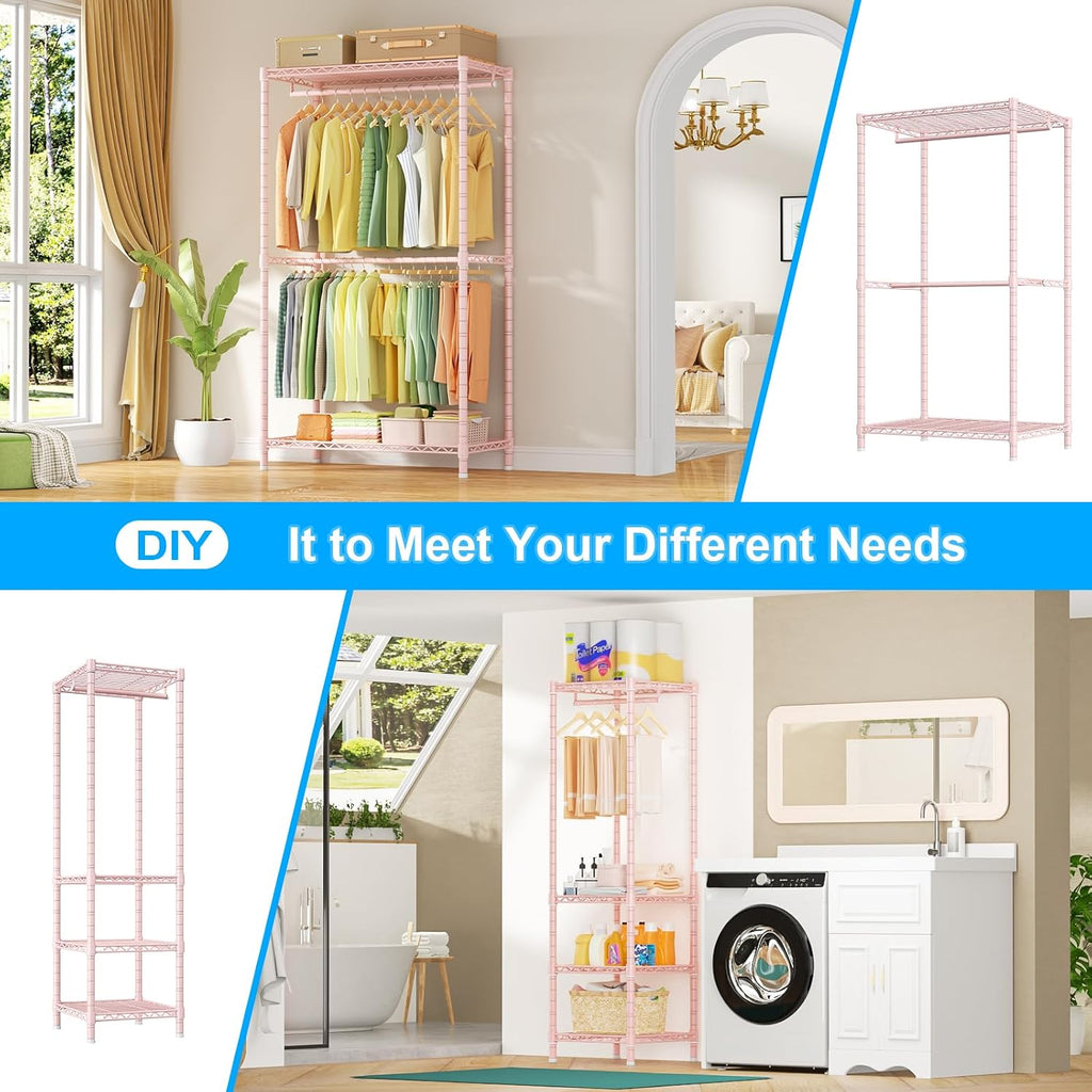 Ulif E10 Clothes Rack（With Stretchable Hanger Rod）Freestanding Clothing Racks for Hanging Clothes，Adjustable Closet Organizer System，Portable Garment Rack 73-97'W x 15' D x 72' H，Max Load 800LBS，Pink