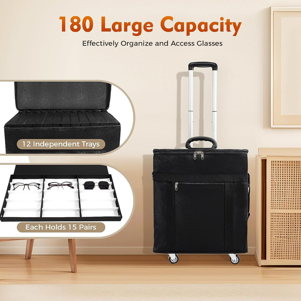 180 Pair Eyeglasses Box Organizer Display, Foldable Eyeglasses Display Trolley Case, Sunglasses Trolley Box Display Storage Box, Portable Eyewear Storage Organizer for Home Travel, Black