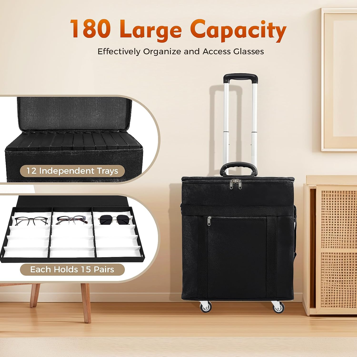 180 Pair Eyeglasses Box Organizer Display, Foldable Eyeglasses Display Trolley Case, Sunglasses Trolley Box Display Storage Box, Portable Eyewear Storage Organizer for Home Travel, Black