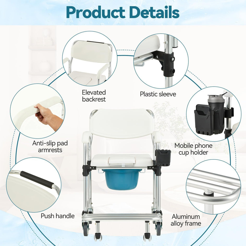 4-in-1 Bedside Commode Chair, Shower Wheelchair for Elderly and Disabled, Rolling Transport Toilet Chair with 4 Lockable Wheels, Anti-Tipping Rollout Footrest, Full Accessory Pack, White