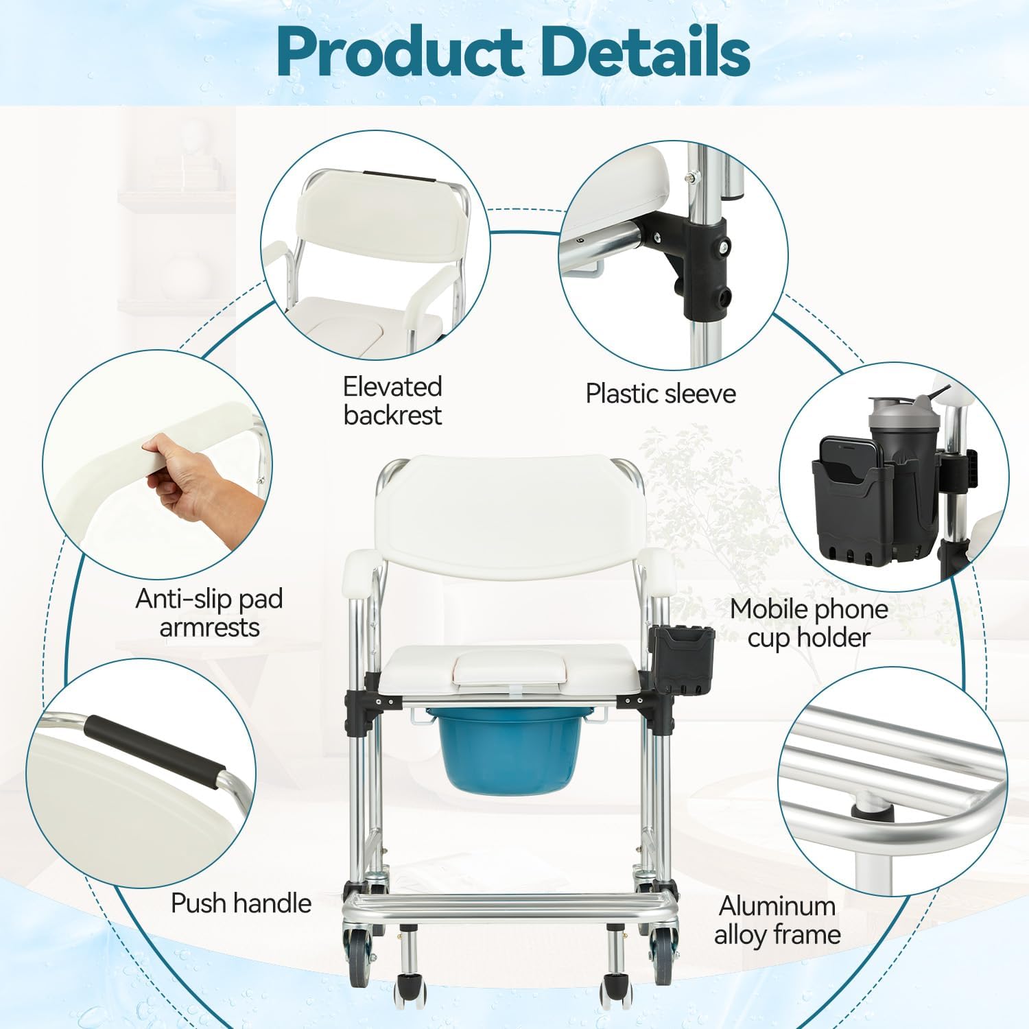 4-in-1 Bedside Commode Chair, Shower Wheelchair for Elderly and Disabled, Rolling Transport Toilet Chair with 4 Lockable Wheels, Anti-Tipping Rollout Footrest, Full Accessory Pack, White