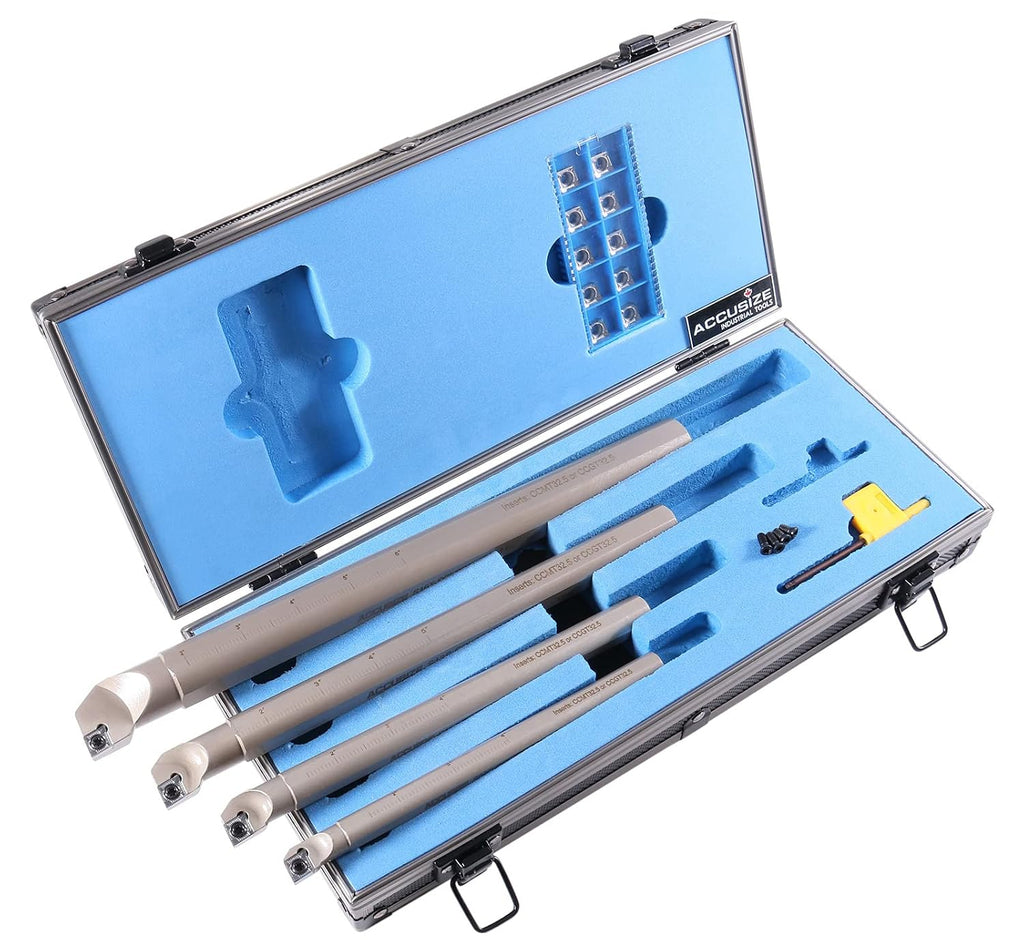Accusize Sclcr Indexable Boring Bar Set, 1/2', 5/8', 3/4', 1' for Aluminum | 4 Pc Set with 14 CCGT32.51 AKH01 Carbide Inserts, Right Hand, Negative 5° Angle, 45HRC, Torx Screw Retention, P252-S528