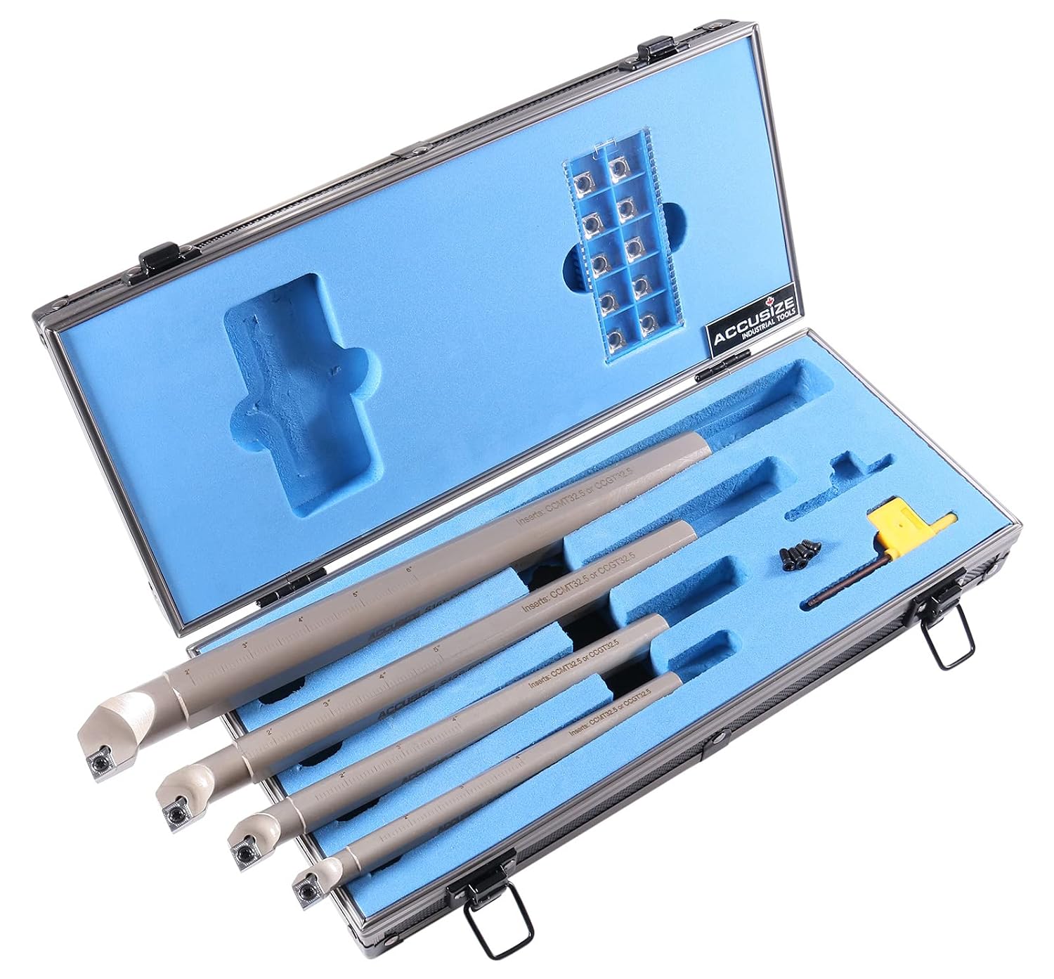 Accusize Sclcr Indexable Boring Bar Set, 1/2', 5/8', 3/4', 1' for Aluminum | 4 Pc Set with 14 CCGT32.51 AKH01 Carbide Inserts, Right Hand, Negative 5° Angle, 45HRC, Torx Screw Retention, P252-S528