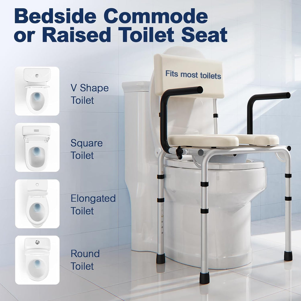Drop Arm Bedside Commode, Commode Toilet with Padded Seat and Backrest, 400lbs Capacity, 6.3QT Removable Bucket and Splash Guard, Adjustable Height Portable Toilet for Adults, Beige
